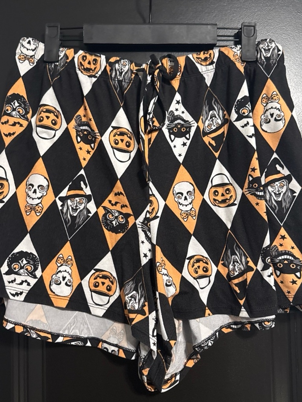 Halloween Harlequin Patterned Shorts in Black, Orange & White